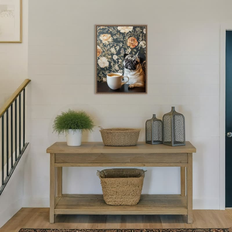 The Latte Loving Pug by Mowzu Framed Canvas Wall Art