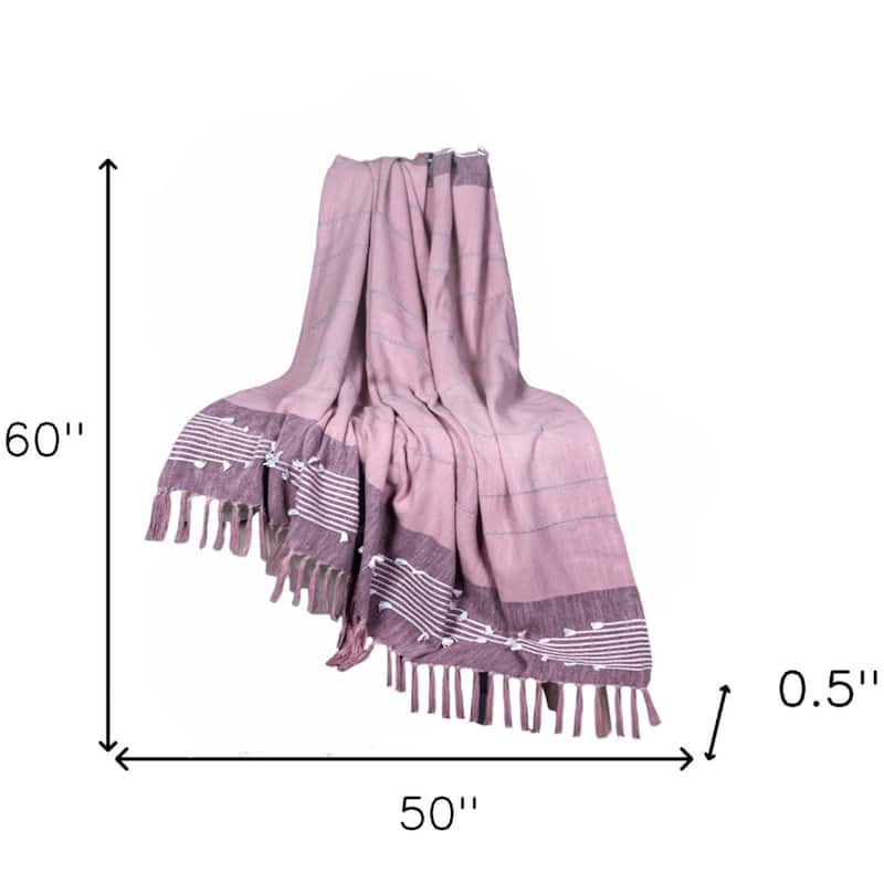 HomeRoots 50" X 60" Pink Woven Cotton Striped Throw Blanket with Tassels and Embroidery