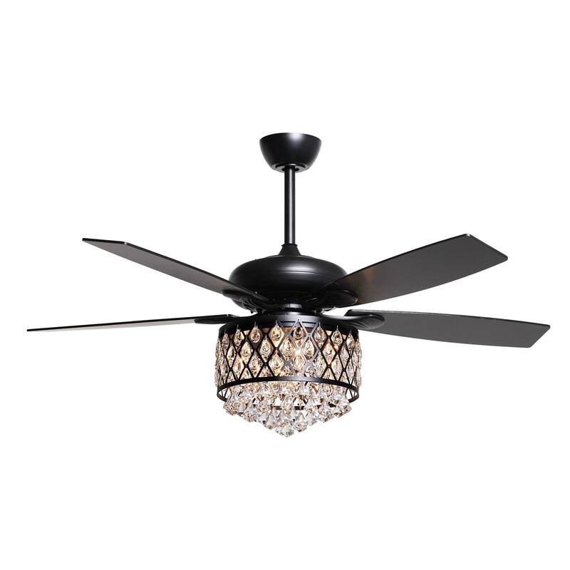 52" Indoor Black Crystal Chandelier Ceiling Fan With Light and Remote - 52"W x 52"D x 17"H