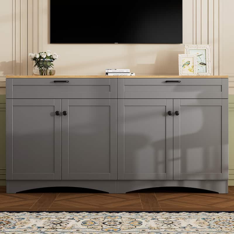 Roomfitters Mid-Century Farmhouse TV Stand with Rustic Handles, Wood Grain Sideboard and Buffet Cabinet