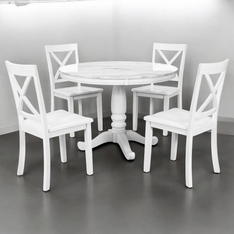 5-Piece Solid Wood Dining Table Set with 4 Chairs, Modern Marble-Style Table, Rubberwood Frame for Kitchen or Dining Room
