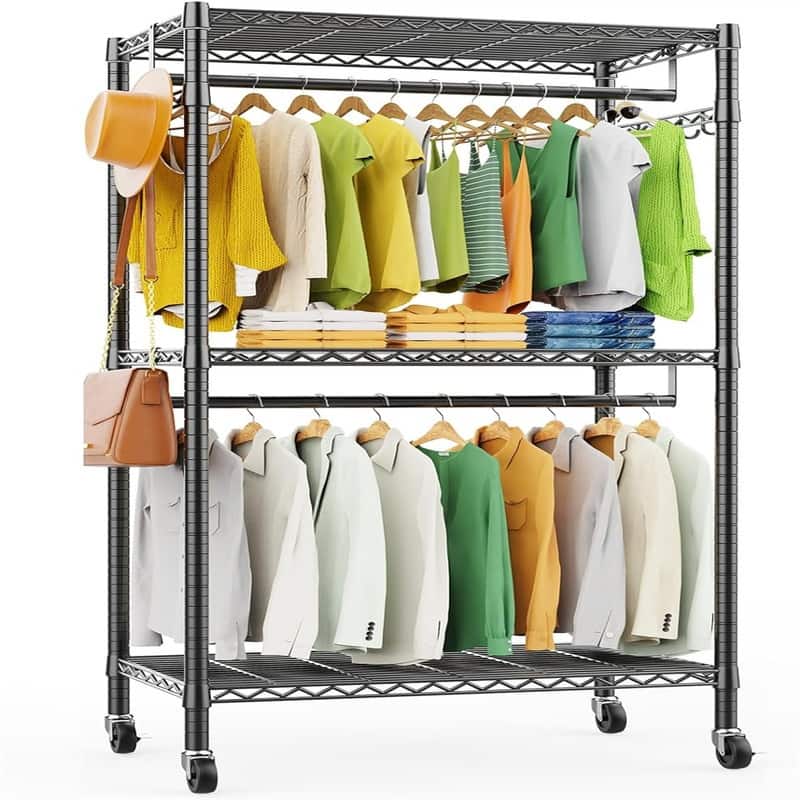 3 Tiers Rolling Garment Rack for Hanging Clothes - 17.71"D x 29.53"W x 72.83"H - 17.71"D x 29.53"W x 72.83"H - G1M-Black