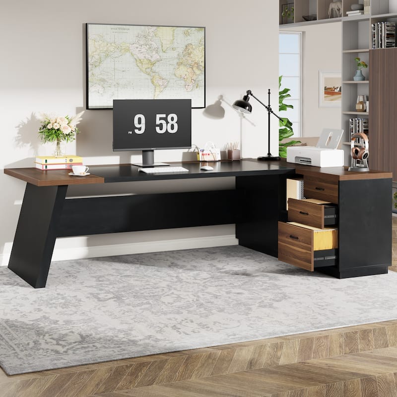 L-shaped Executive Computer Desk with Drawers and Lateral File Cabinet for Office - Brown+Black