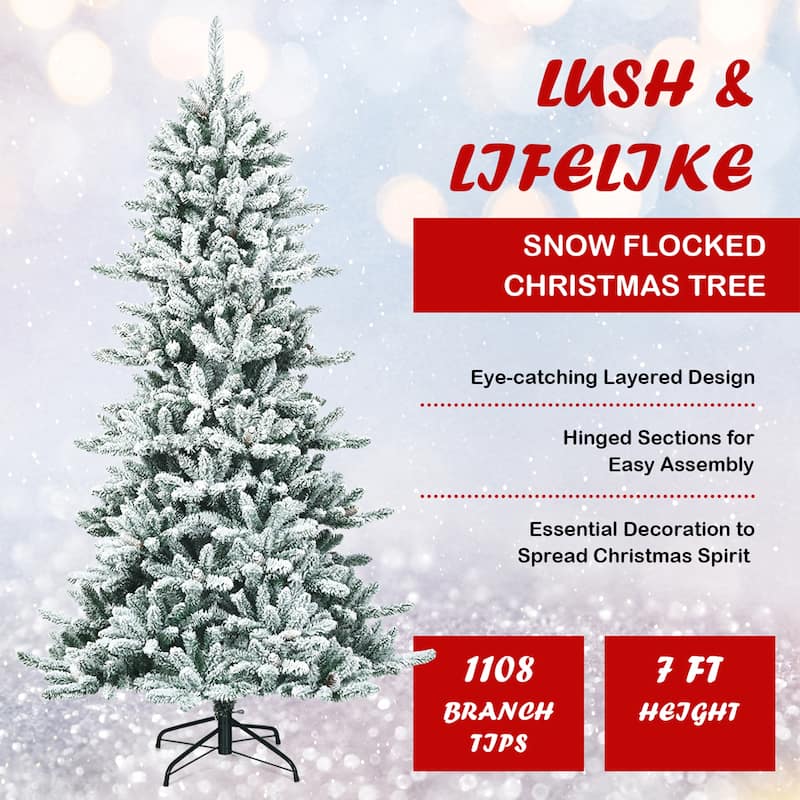 Gymax 7FT Snow Flocked Christmas Tree Hinged Fir Tree w/ Pine Cones - See Details