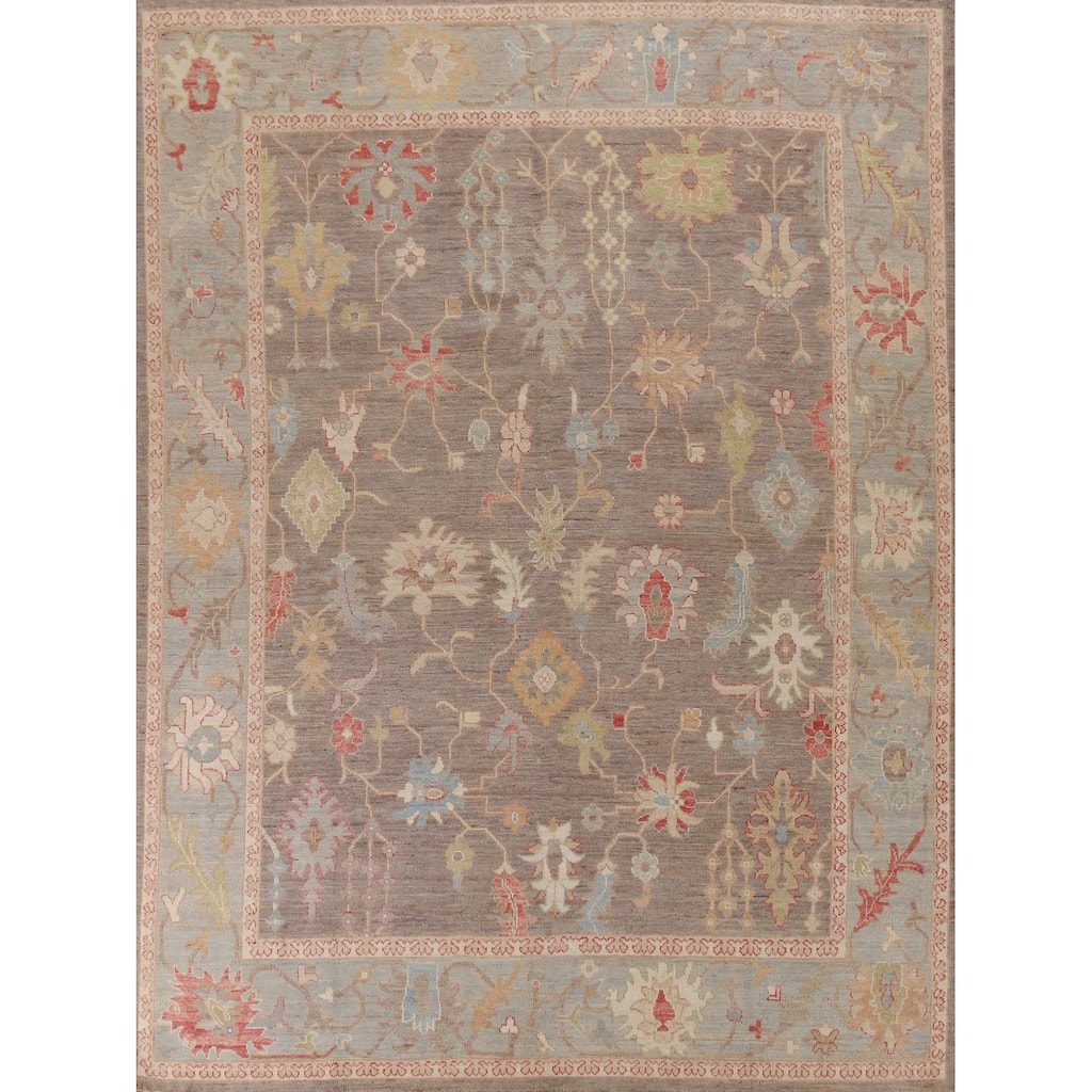 Hand Knotted Oriental 100% Wool Carpet Transitional All-Over Brown Oushak Area Rug - 9' 11'' X 8' 3''