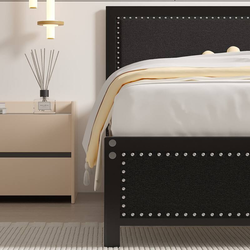 Metal Bed Frame with Linen Upholstered Nailhead Headboard, Platform Bed with 12.6" Under Bed Storage, No Box Spring Needed