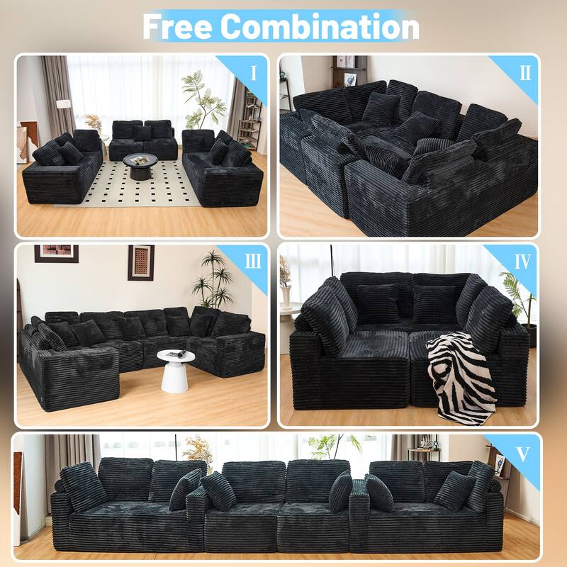 Pet Friendly Corduroy Sleeper Sofa Bed Modular U-Shaped Sectional Sofa with Chaise Lounge, Floor Standing Couch with Pillows