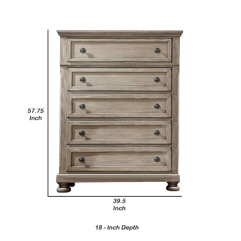 Transitional Wooden 5 Drawer Chest with Round Knob and Bun Feet, Brown