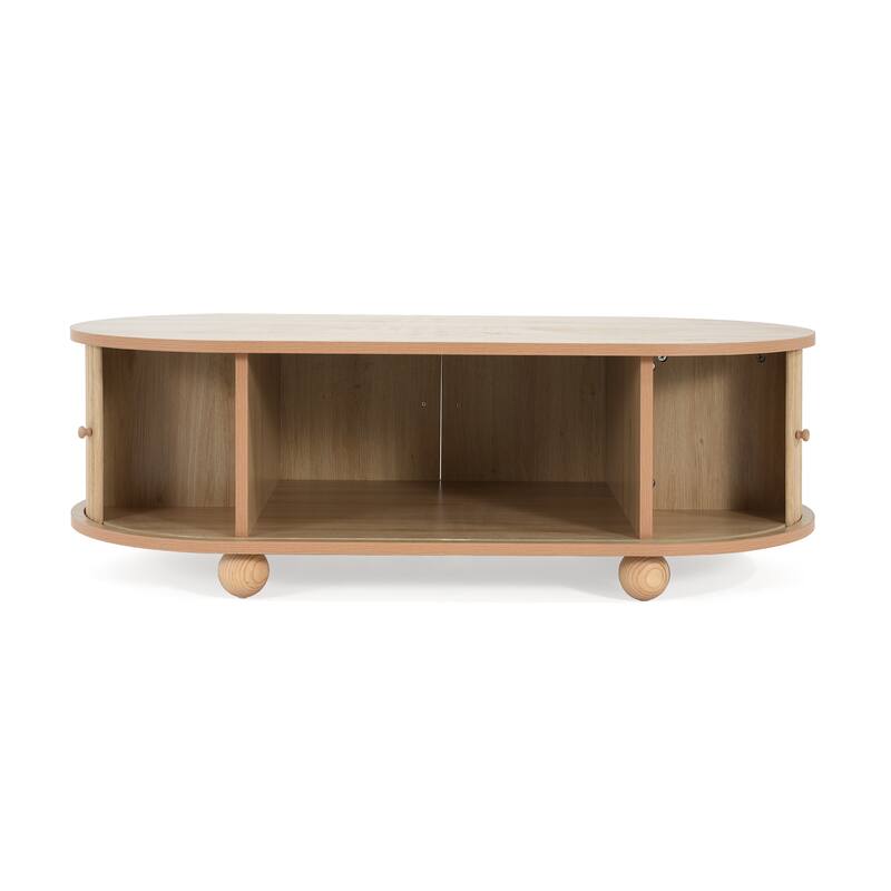 Natural Wood Grain Long Oval Coffee Table Storage Center Table with Hidden Compartment, Accordion Door and Ball-shaped Legs
