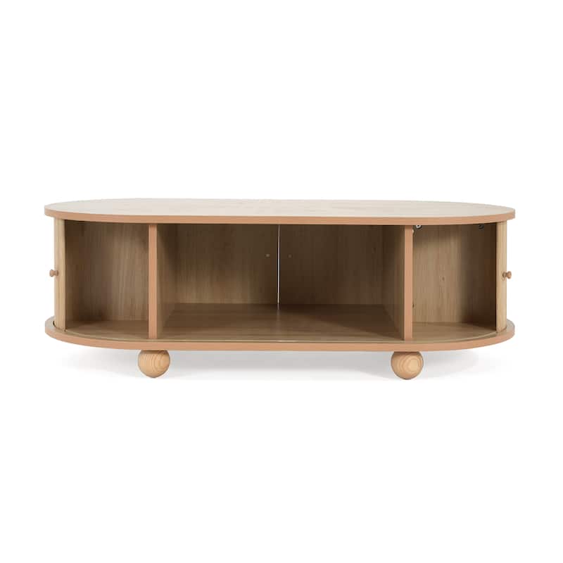 Roomfitters Oval Coffee Table with Slatted Rolling Doors and Hidden Storage Compartments, Modern Wood Center Table, Natural