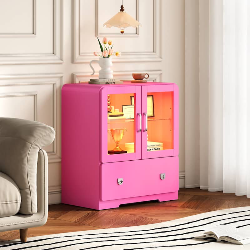 27'' Tall Display Cabinet with Acrylic Doors and LED Lights - N/A - Pink