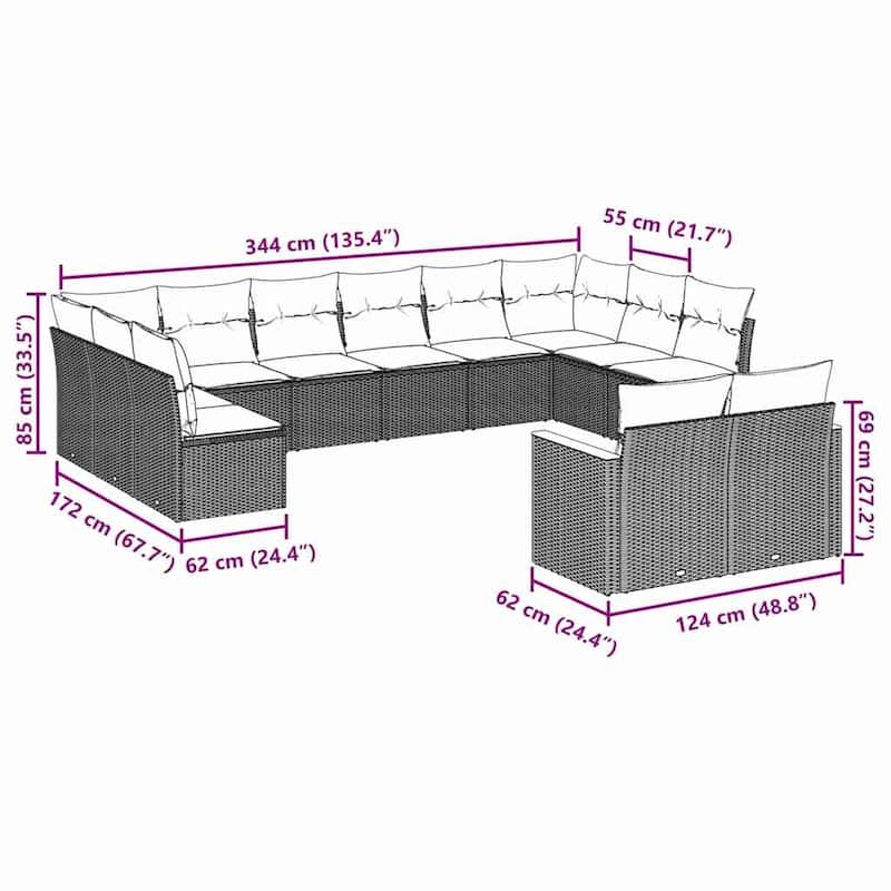 vidaXL Patio Sofa Set with Cushions Outdoor Furniture 7 Piece Poly Rattan - 21.7 x 24.4 x 27.2