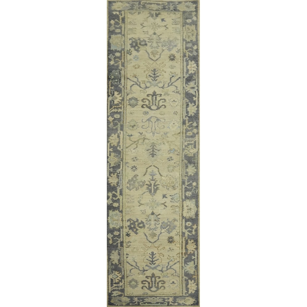 Vegetable Dye Wool Oushak Turkish Runner Rug, Floral Geometric Carpet - 11' 4'' X 2' 7''