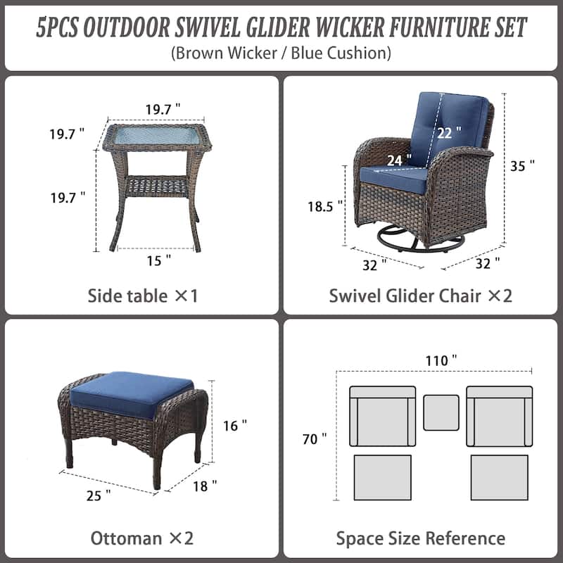 Outdoor Rocker Patio Chairs 360 ° Swivel with Ottoman