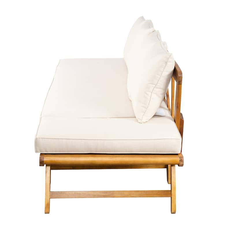 Roomfitters Outdoor Patio Daybed Sofa with Foldable Armrests, 3-Seat Acacia Wood Frame, Removable Beige Cushions