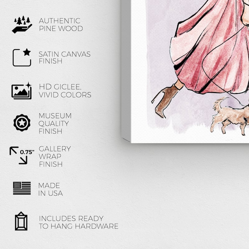 Wynwood Studio Canvas Fashion and Glam Dog Walk Couture Lavander Pink and Modern & Contemporary Wall Art Canvas Print