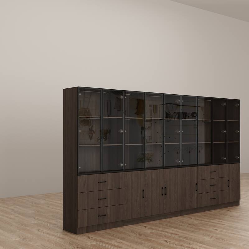 Bookshelves Bookcase Modular Glass Display Cabinet with LED Lights, Dark Wood Storage Combination Cabinet System