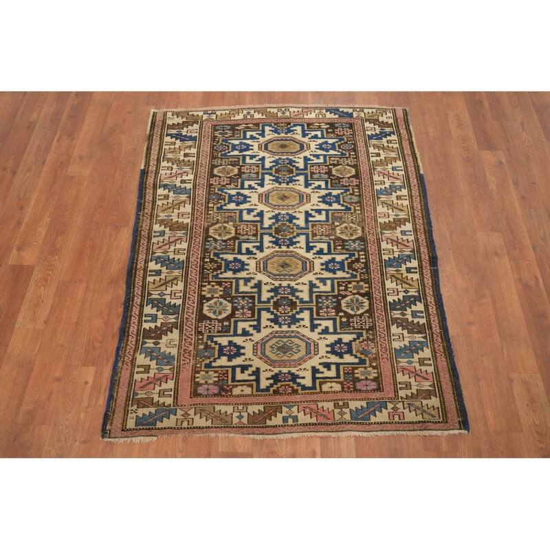 Hand Knotted Oriental 100% Wool Carpet Traditional Geometric Beige & Ivories Kazak Area Rug - 3' 9'' X 3' 0''