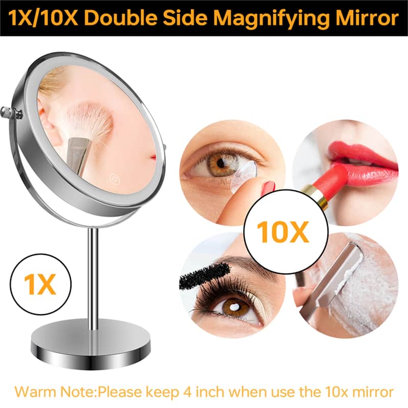 1X/10X 360 Rotation Makeup Mirror w/ Lights and 3 Color Lighting Dimmable