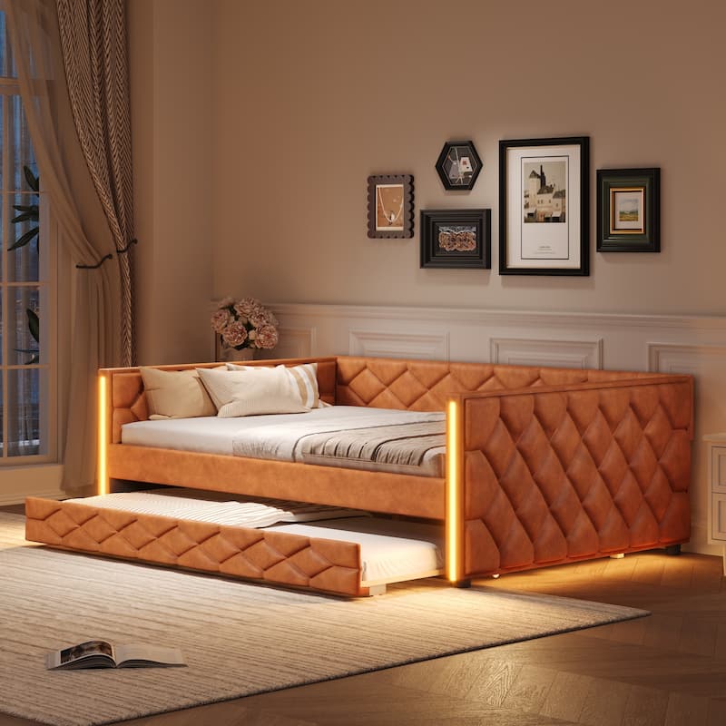 Full XL Size Upholstered Daybed with Trundle Bed and LED Armrests, Rhombic Blocks Frame Sofa Bed, U-shape Bed Frame