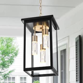 LED Large Outdoor Pendant Light Fixtures, LED Integrated Bulbs Included 3-Light Black and Brass Outdoor Hanging Lantern Light