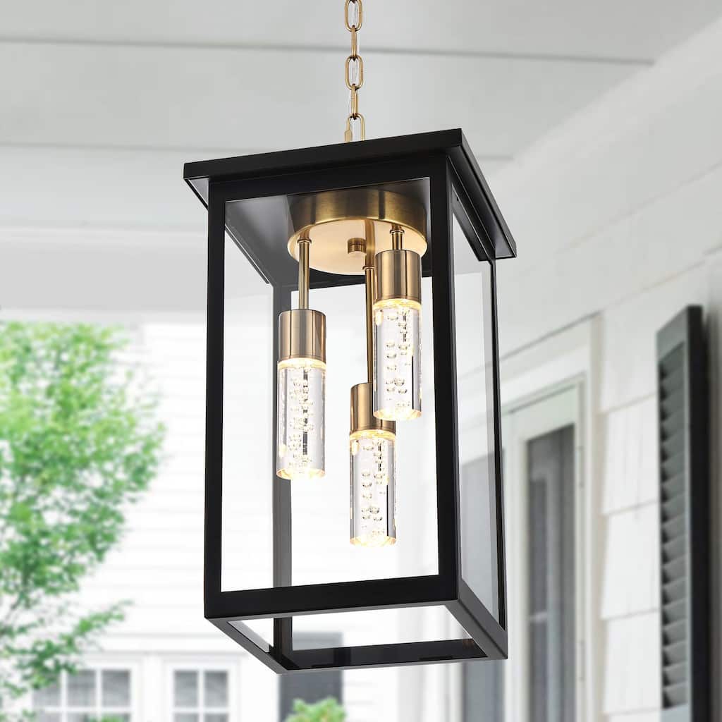 LED Large Outdoor Pendant Light Fixtures, LED Integrated Bulbs Included 3-Light Black and Brass Outdoor Hanging Lantern Light
