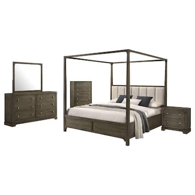 Seon 5pc Queen Bedroom Set, Dark Brown Solid Wood, Canopy Style Bed