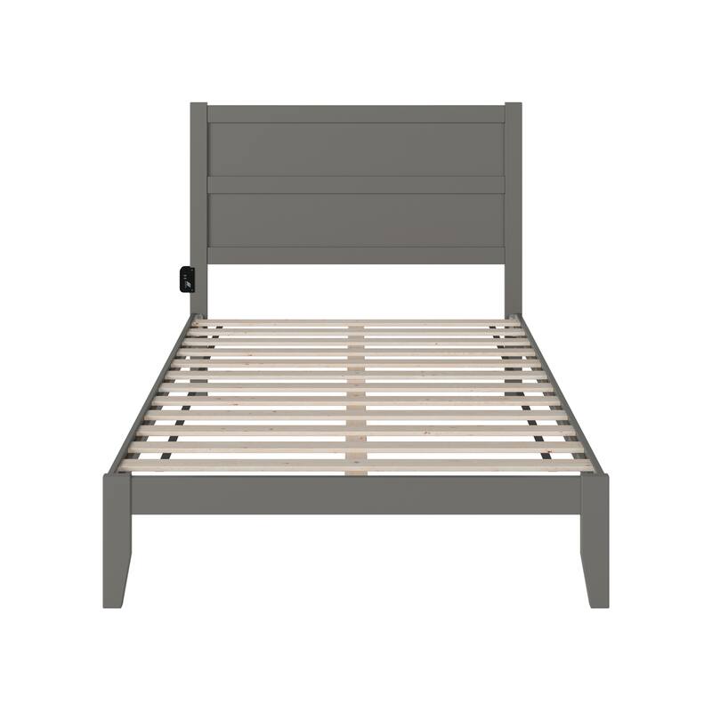 Full Bed Frame Grey Modern Platform Bed Wood Slat Support Charging Station