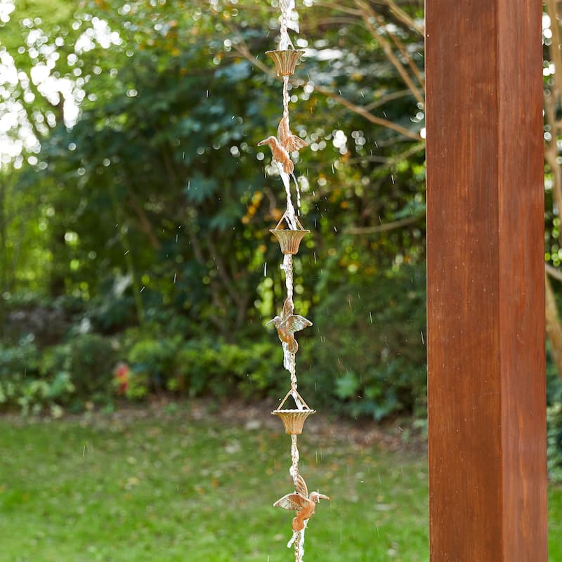 Glitzhome 8.5ft 15-Piece Faux Copper Patina Finish Bird and Cup Shaped Rain Chain with V-Shaped Gutter Clip