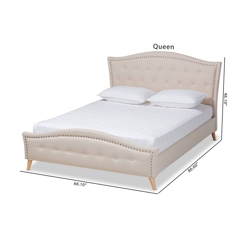 King Size Platform Bed - Modern Beige Upholstered Bed with Button Tufted Headboard & Angled Legs