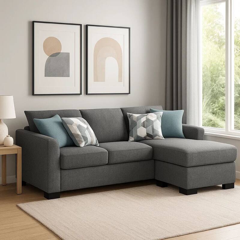 Storia Sleeper Sectional Chaise Sofa, Heather Gray, 4 Pillows, 84 Inch