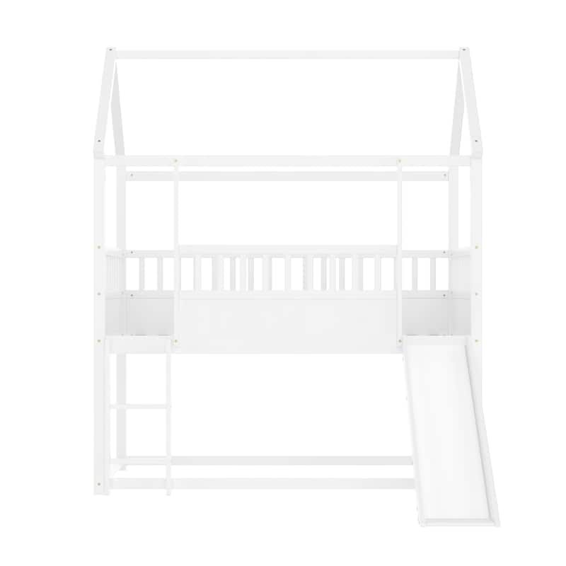House Bunk Bed With Convertible Slide And Ladder, Floor Bunk Bed Twin Over Twin With Safety Guardrail