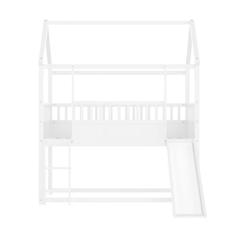 Twin Over Twin Floor Bunk Bed with Convertible Slide and Ladder, Twin Size Low Bunk Bed, Wooden House Bunk Bed Frame with Roof