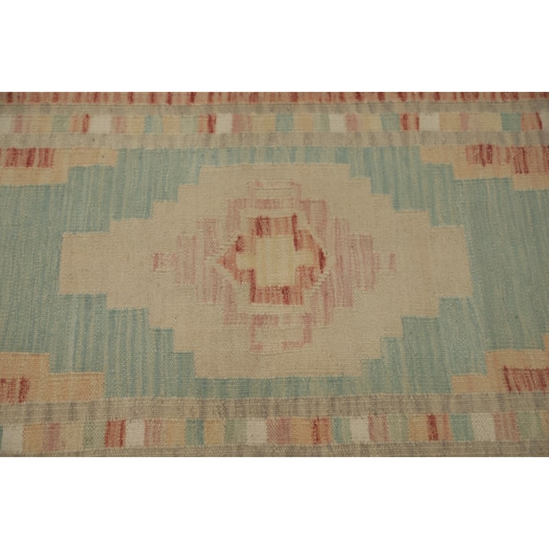 Hand Woven Oriental 100% Wool Carpet Southwestern Tribal Navy Blue & Blues Kilim Runner Rug - 5' 10'' X 2' 1''