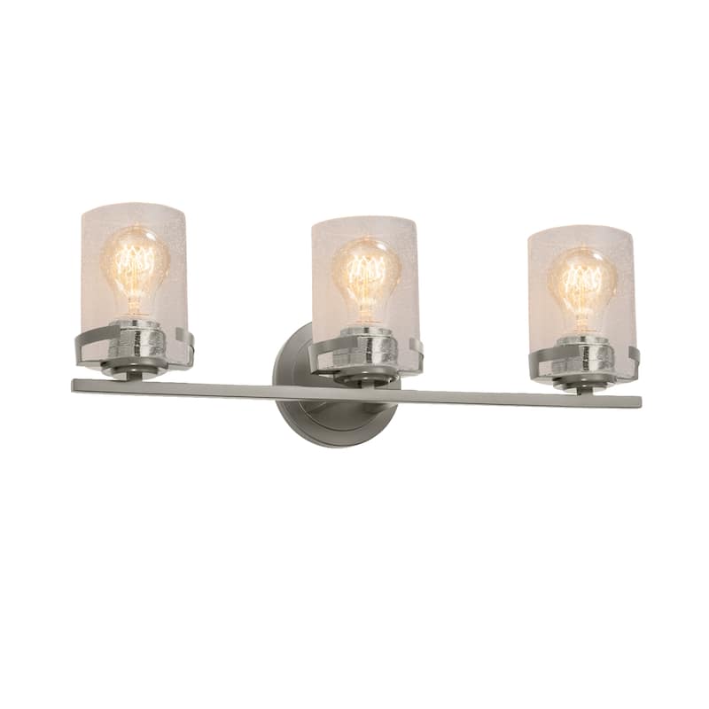 Justice Design Fusion Atlas 3-light Brushed Nickel Bath Bar, Seeded Cylinder w/ Flat Rim Shade