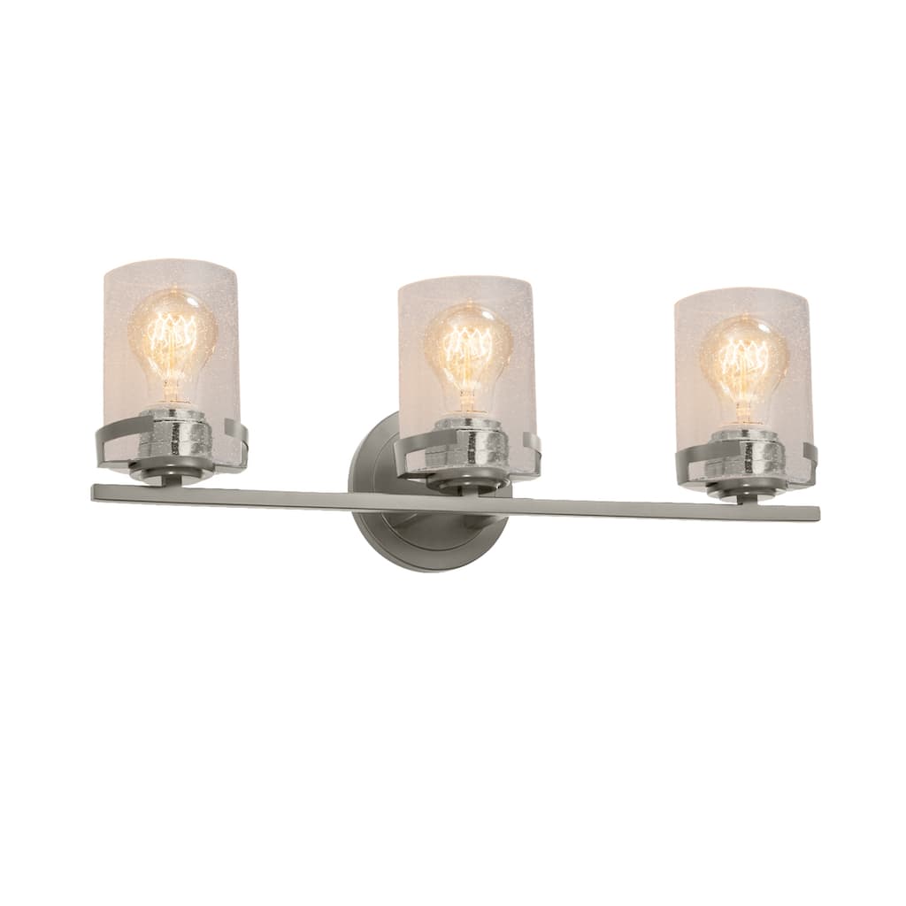 Justice Design Fusion Atlas 3-light Brushed Nickel Bath Bar, Seeded Cylinder w/ Flat Rim Shade