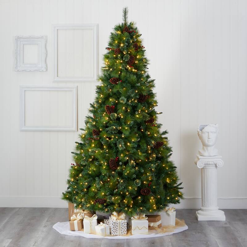 8’ Pre-Lit Montana Pine with Cones and Berries Artificial Christmas Tree, Clear LED Lights - 8 Foot