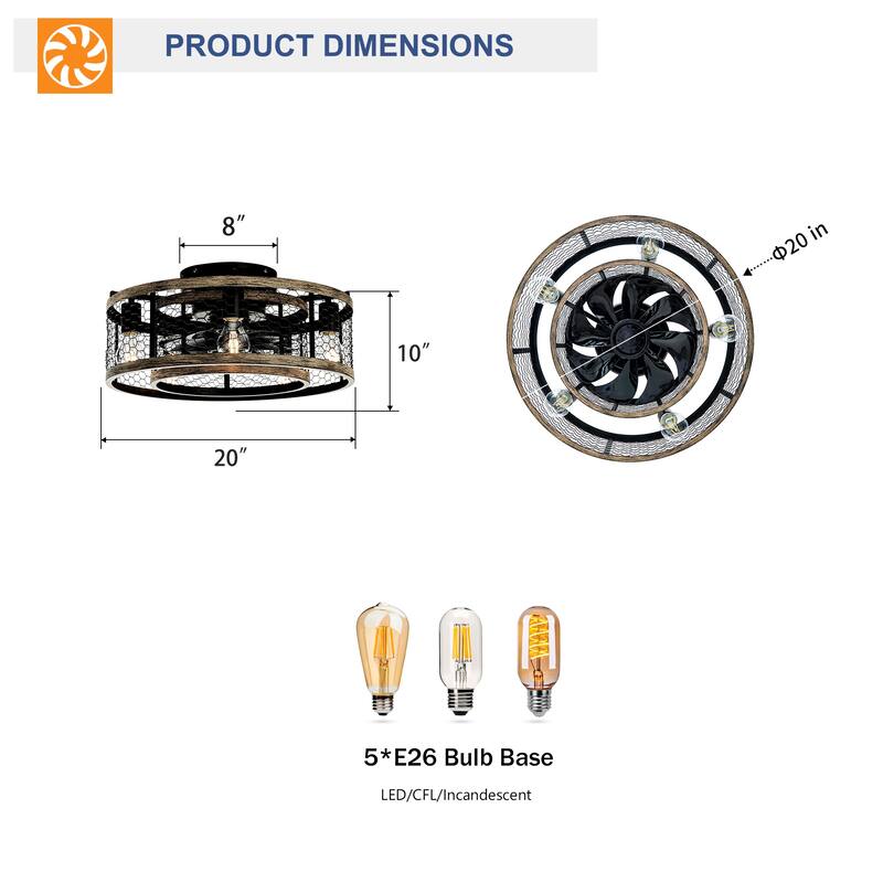 20" Ceiling Fan With Remote Control, Quiet Motor Fan Light, Indoor Iron Chandelier Ceiling Fan - Matte Black