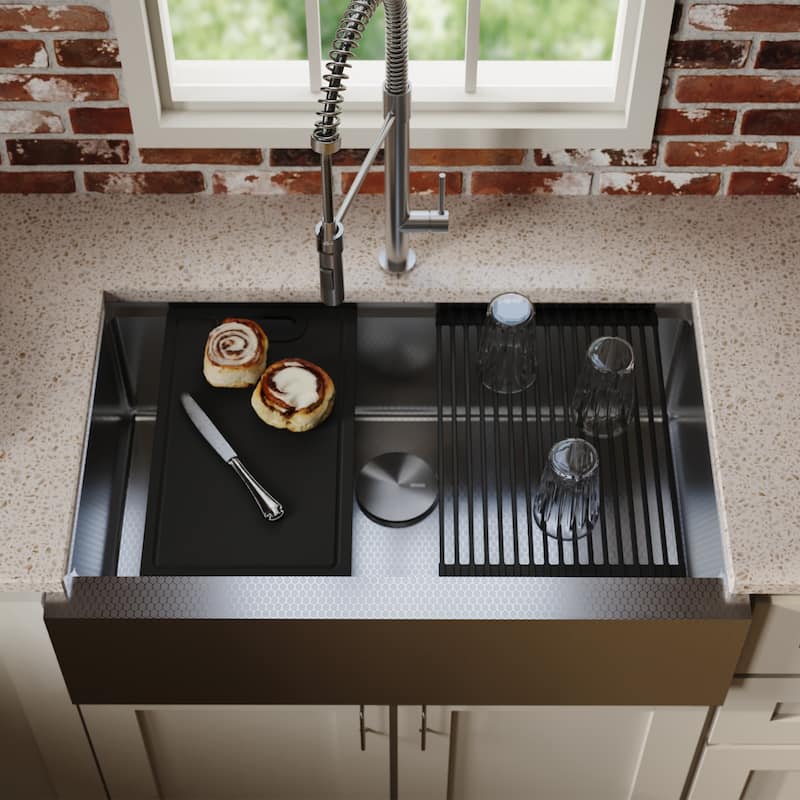 Karran Matrix 33" Apron Front Workstation 16 Gauge Single Bowl Stainless Steel Kitchen Sink with Accessories
