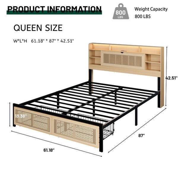 Queen Upholstered Bed Frame with Storage Headboard, 2 Drawers, RGB LED, Charging Ports, Heavy Duty, Noise-Free Design, Natural