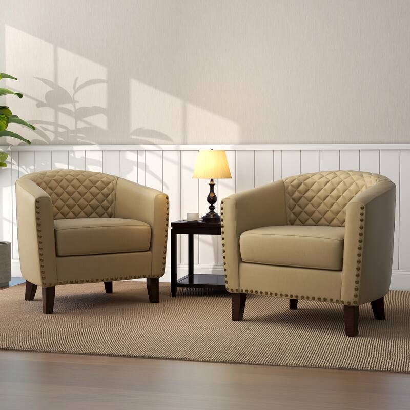 UIXE Mid-Century Leather Barrel Accent Chair With Nailheads Trim - 29" W