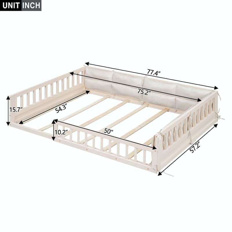 Wood Upholstered Platform Bed with Guardrail and Pillow