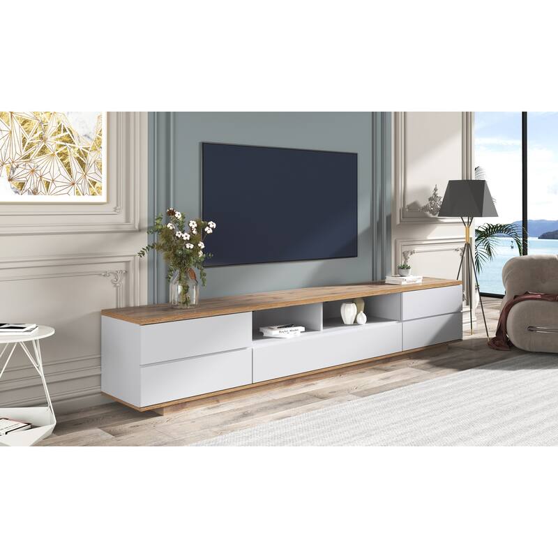 Wood TV Stand with Door Rebound Device, Entertainment Center with Storage Cabinets, Media Console Table with Open Shelves