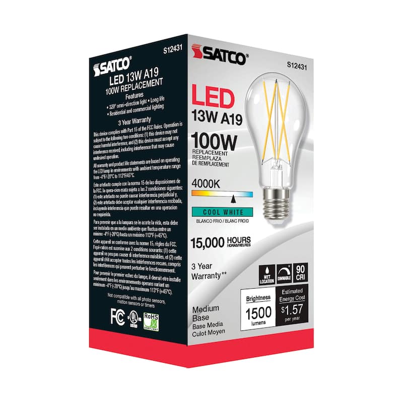 12.5 Watt LED A19 Clear Medium Base 4000K 90 CRI 120 Volt - N/A