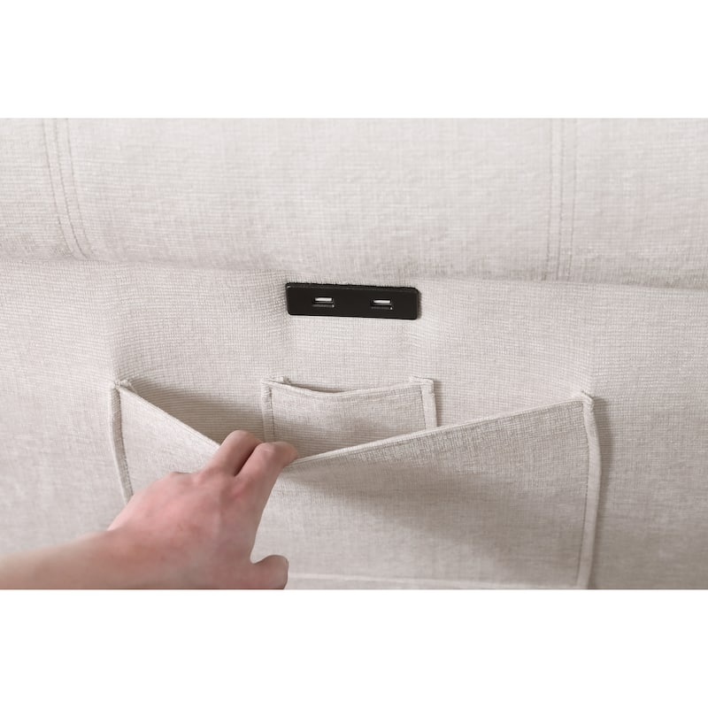 97"W Beige Chenille Reversible Sofa Chaise w/ USB & Storage