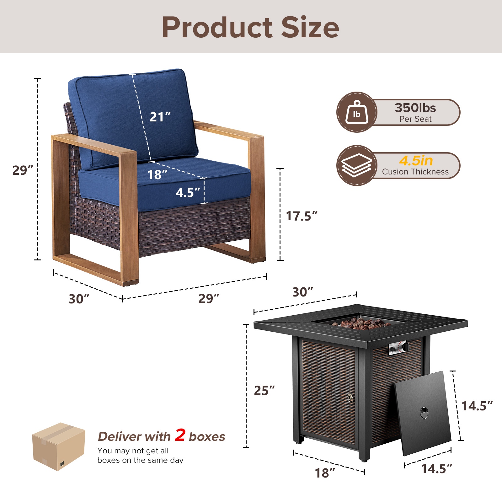 Meyreso 3-Piece Wicker Patio Conversation Set with Metal Fire Pit & Plush 4.5" Olefin Cushions