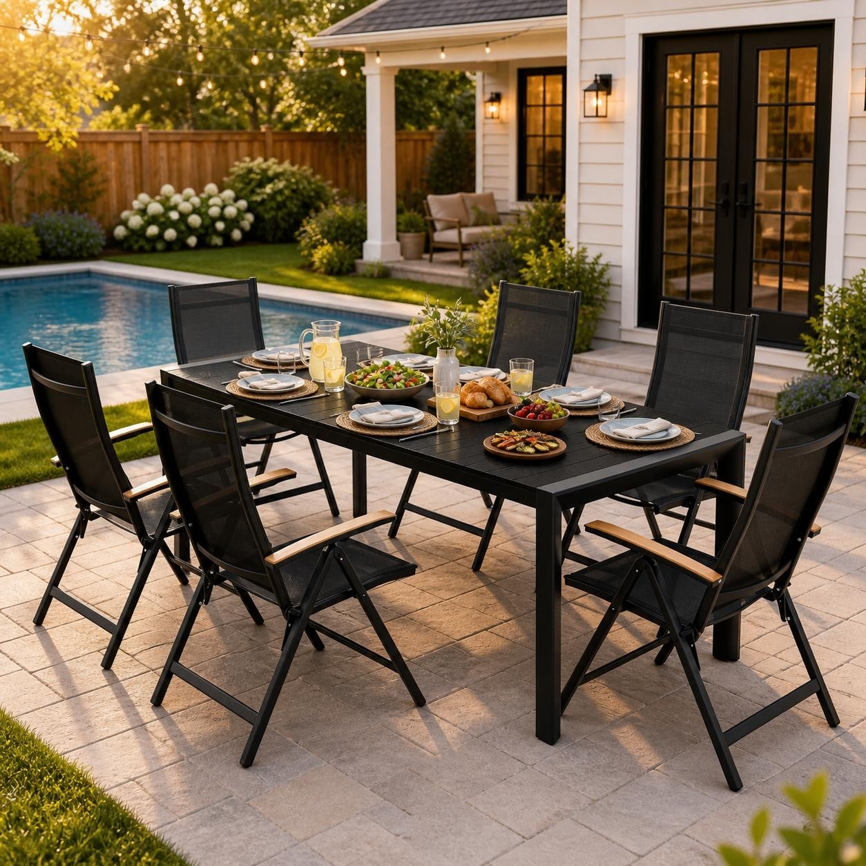 Set of 7 Outdoor Patio Dining Set WoodLike Table Top Aluminum Umbrella Hole Table with Folding Chairs