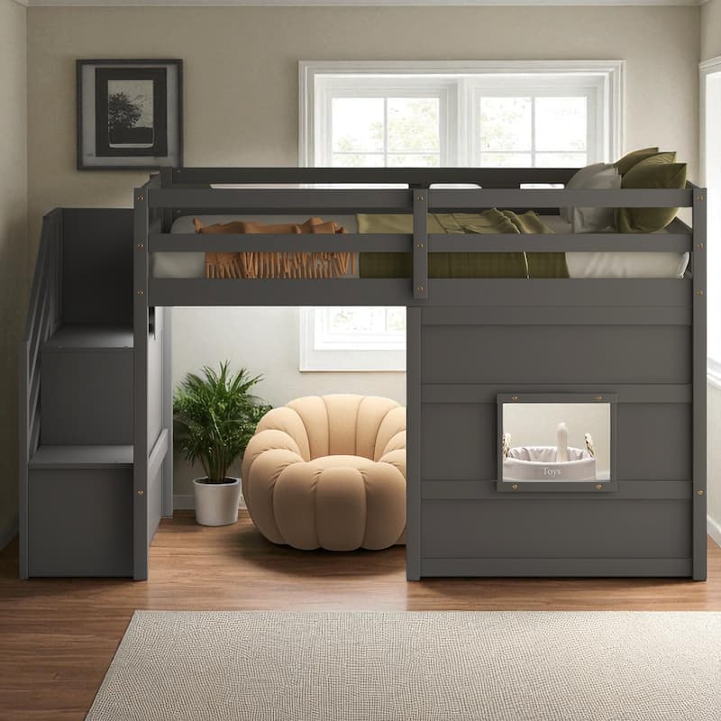 Twin Size Loft Bed with Storage Staircase, Window, LED Light and Guardrails, Solid Wood Frame