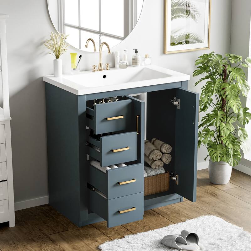 30" Modern Bathroom Vanity Combo with Ceramic Sink, Solid Wood Frame, 3 Drawers, Storage Cabinet