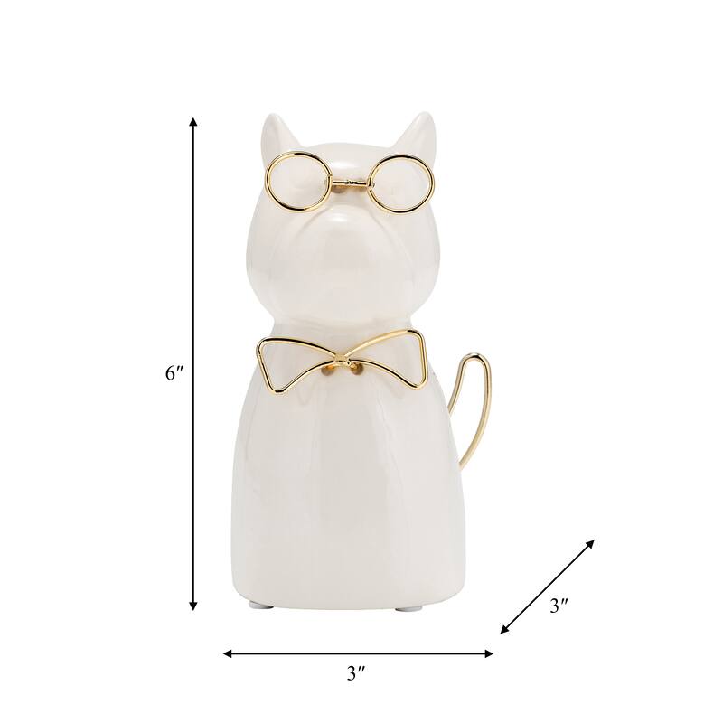 Sagebrook Home Glam Stoneware and Metal Dog Figurine with Bowtie and Glasses - Elegant Decorative Accent Sculpture